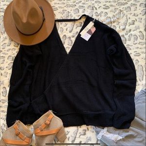 Sweater Black Double Deep V Neck Wrap Style front